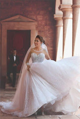 Luxurious Long Sleeve Sheer Tulle Wedding Dresses Beadings Ball Gown Bridal Dresses