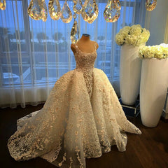 Luxurious Straps Overskirt Sleeveless Wedding Dresses Appliques Ball Gown Bride Dress