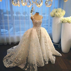 Luxurious Straps Overskirt Sleeveless Wedding Dresses Appliques Ball Gown Bride Dress