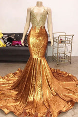 Luxury Beads Appliques Gold Prom Dresses Mermaid Open Back Sexy Evening Gowns