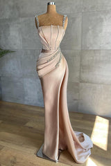 Luxury Champagne Sleeveless Crystal Ruffles Mermaid Evening Dresses