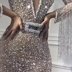 Luxury Deep V-Neck Mermaid Evening Dresses | Long Sleeves Sequins Crystal Prom Dresses with Tassels BC0627