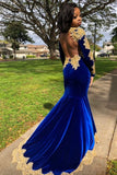 Luxury Front-Split Royal Blue Velvet Mermaid Prom Dresses With Long Sleeves