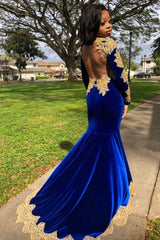 Luxury Front-Split Royal Blue Velvet Mermaid Prom Dresses With Long Sleeves