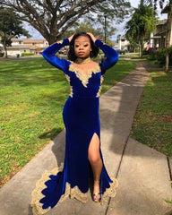 Luxury Front-Split Royal Blue Velvet Mermaid Prom Dresses With Long Sleeves