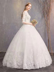 Luxury Half Sleeves Jewel Tulle Lace Appliques Ball Gown Wedding Dresses