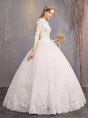 Luxury Half Sleeves Jewel Tulle Lace Appliques Ball Gown Wedding Dresses