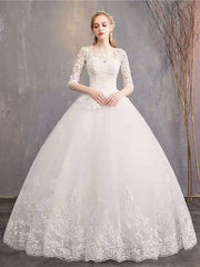 Luxury Half Sleeves Jewel Tulle Lace Appliques Ball Gown Wedding Dresses