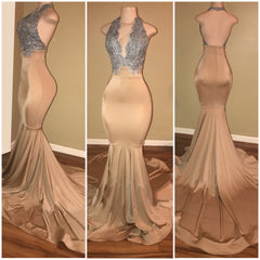 Luxury Halter Mermaid Prom Dresses Sleeveless Applique Lace Evening Gowns BA7774