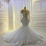 Luxury Jewel Crystal Tulle Ruffles Appliques Mermaid Wedding Dresses With Long Sleeves