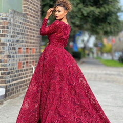 Luxury Jewel Long Sleeves Burgundy Tulle Lace Prom Dress with Beadings Online