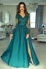 Luxury Long Sleeves V Neck Lace Appliques Ruffles Split Prom Dresses