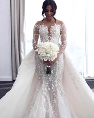 Luxury Mermaid Wedding Dress Tulle Long Sleeves Bridal Gowns with Pearls