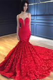 Luxury Red Flowers Mermaid Gorgeous Prom Dresses | Sexy Spaghetti Straps Backless Evening Dress