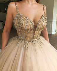 Luxury Spaghetti-Straps Ball-Gown Party Dresses | Beading Princess Prom Dresses