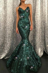 Luxury Strapless Jade Green Sequins Mermaid Prom Dresses With Zipper