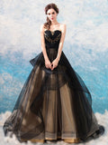 Luxury Strapless Tulle Black Lace Ruffles Wedding Dresses