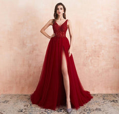 Luxury Tulle Sleeveless Ruffles Appliques Front-Split Evening Dresses