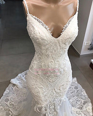 Mermaid Appliques Beautiful Spaghetti-Straps Lace Wedding Dresses