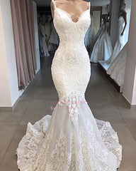 Mermaid Appliques Beautiful Spaghetti-Straps Lace Wedding Dresses