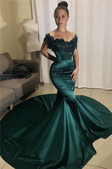 Mermaid Appliques Off-the-shoulder Beading Dark Green Prom Dress