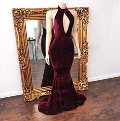 Mermaid Backless Prom Dress Zipper Stunning High Neck Long Velvet Evening Dress BA6202