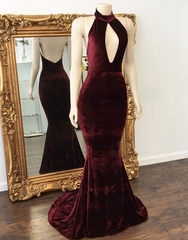 Mermaid Backless Prom Dress Zipper Stunning High Neck Long Velvet Evening Dress BA6202