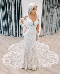 Mermaid Delicate Appliques Wedding Dresses | V-neck Sheer Tulle Long Sleeve Bridal Gowns