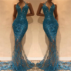 Mermaid Illusion Blue Sequins Evening Dresses | Halter Sleeveless Sexy Prom Dresses