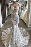 Mermaid Lace Crystals Necklace Wedding Dresses | Open Back Bridal Gowns with Feather