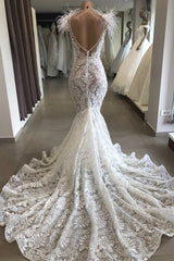 Mermaid Lace Crystals Necklace Wedding Dresses | Open Back Bridal Gowns with Feather