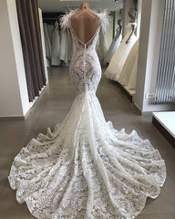 Mermaid Lace Crystals Necklace Wedding Dresses | Open Back Bridal Gowns with Feather