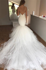 Mermaid Lace Wedding Dresses | V-neck Straps Open Back Sexy Bridal Dresses with Tulle Train