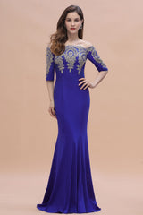 Mermaid Off-Shoulder Chiffon Lace Half Sleeve Evening Dress in Stock