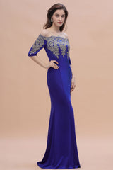 Mermaid Off-Shoulder Chiffon Lace Half Sleeve Evening Dress in Stock