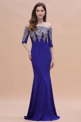 Mermaid Off-Shoulder Chiffon Lace Half Sleeve Evening Dress in Stock