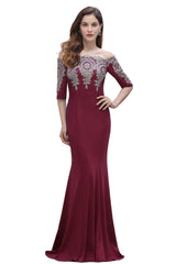 Mermaid Off-Shoulder Chiffon Lace Half Sleeve Evening Dress in Stock