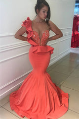 Mermaid One Shoulder Beading Sexy Prom Dresses | Sleeveless Sequins Evening Dress BA9782