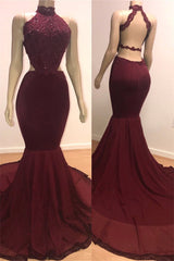 Mermaid Open Back Sexy Burgundy Prom Dresses | High Neck Lace Evening Gowns BC0805