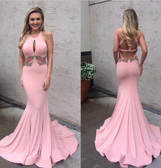 Mermaid Pink Flowers Long Modest Keyhole Sleeveless Prom Dress