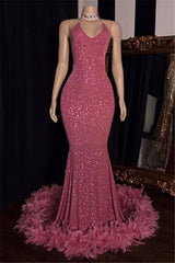 Mermaid Pink Sequin Prom Dress with Feather | Sleeveless Sexy Evening Gowns