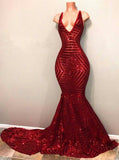 Mermaid Red Sequins Prom Dresses  V-neck Sleeveless Long Train Sexy Evening Gown BA7779