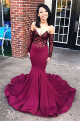 Mermaid Sequins Burgundy Prom Dresses | Off-the-shoulder Long Sleeve Evening Gowns