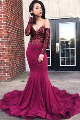 Mermaid Sequins Burgundy Prom Dresses | Off-the-shoulder Long Sleeve Evening Gowns