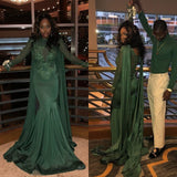 Mermaid Sexy Long Lace Sleeves Prom Gown | Green Crew Sweep Train Prom Dresses bc0969