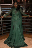 Mermaid Sexy Long Lace Sleeves Prom Gown | Green Crew Sweep Train Prom Dresses bc0969