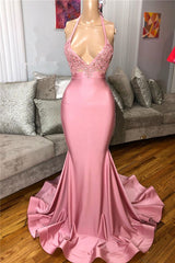 Mermaid Sleeveless Pink Prom dresses | Sexy Beads Appliques Evening Dresses BC4125