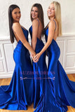 Mermaid Sleeveless Sweep-Train Sexy Backless Spaghetti-Straps Royal-Blue Evening Dresses