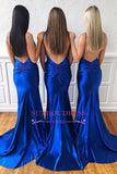 Mermaid Sleeveless Sweep-Train Sexy Backless Spaghetti-Straps Royal-Blue Evening Dresses