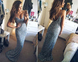 Mermaid Spaghetti Strap Long Prom Dress Sequins Backless Evening Gowns